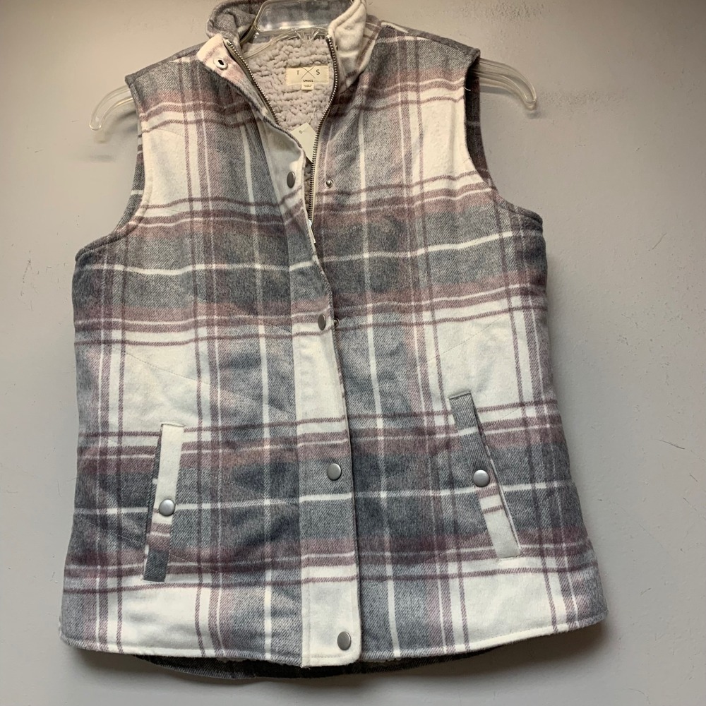 Francesca's T-S Plaid Sherpa Lined Vest Women Small Ivory Purple NWT FRJKX8505